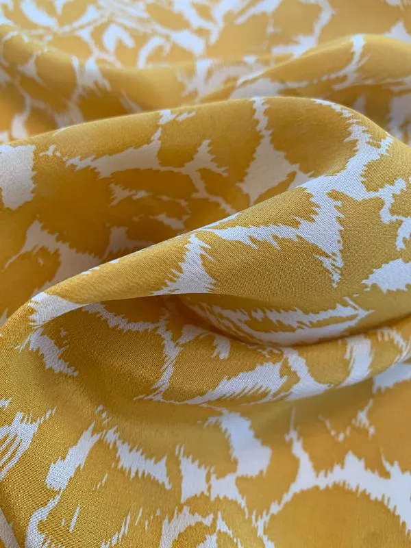 Abstract Leaf Graphic Printed Silk Crepe de Chine - Mustard Gold / Off-White