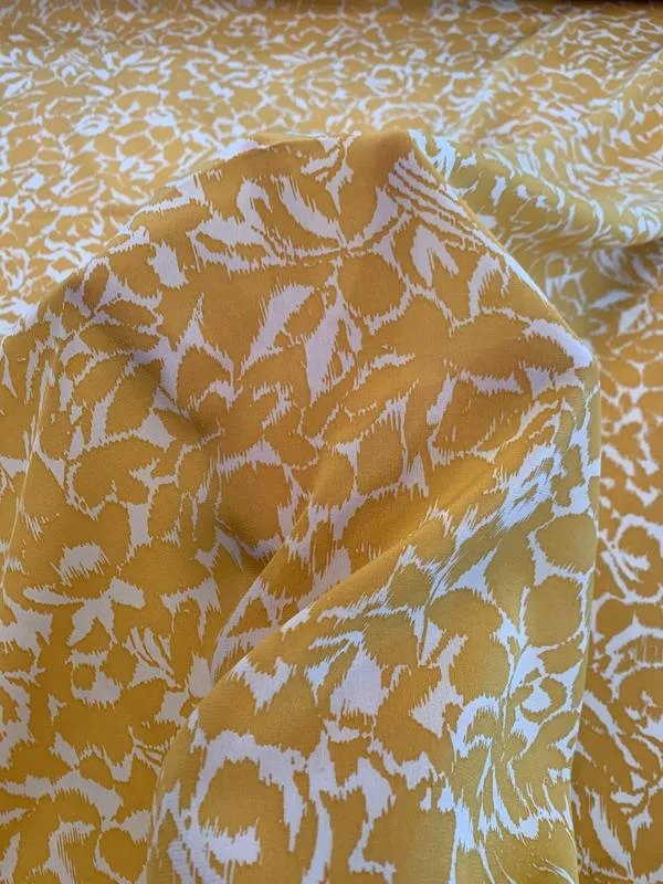 Abstract Leaf Graphic Printed Silk Crepe de Chine - Mustard Gold / Off-White