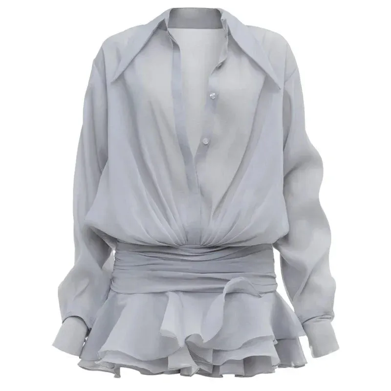 Amozae-hoco dresses -New Chiffon Mini Dress Women's Ruffled Splice Pleated Dress Mesh See-through Loose Oversized Shirt Dress Cover-Up Clothes