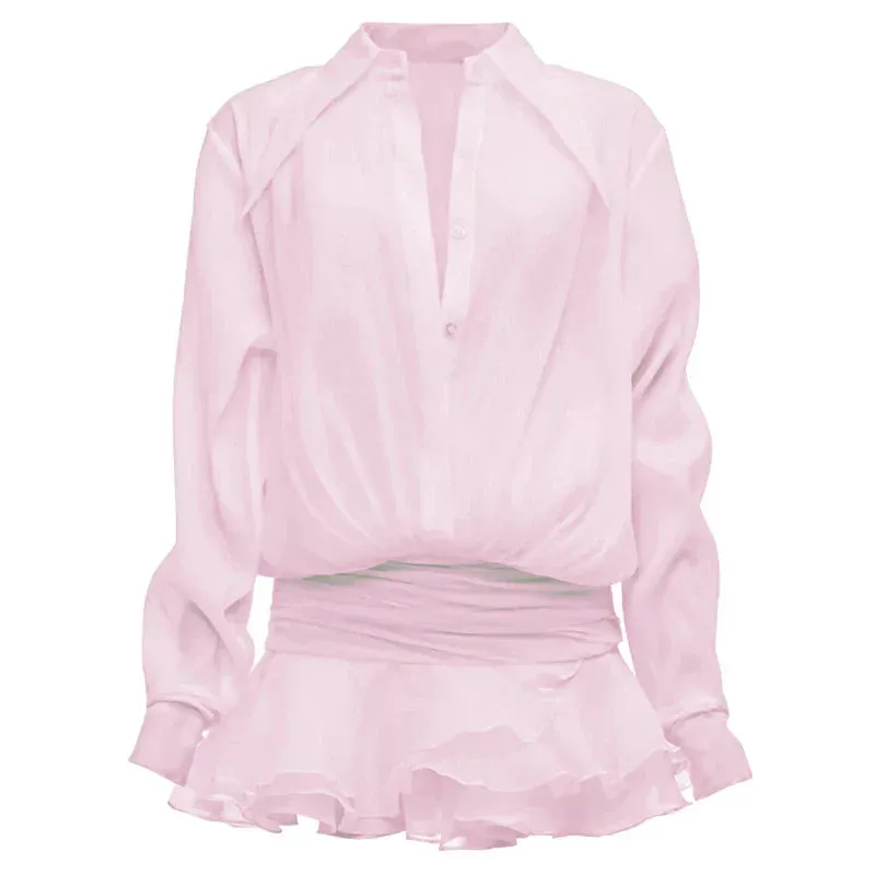 Amozae-hoco dresses -New Chiffon Mini Dress Women's Ruffled Splice Pleated Dress Mesh See-through Loose Oversized Shirt Dress Cover-Up Clothes