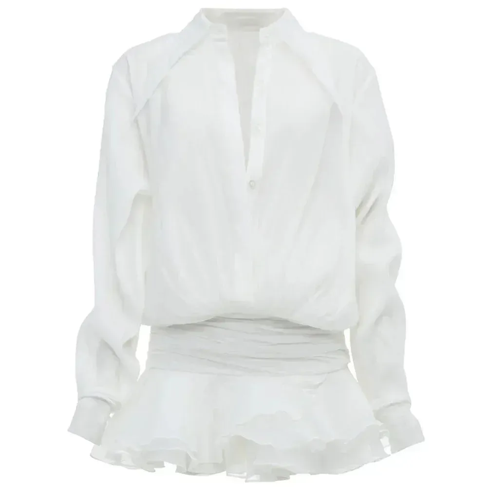 Amozae-hoco dresses -New Chiffon Mini Dress Women's Ruffled Splice Pleated Dress Mesh See-through Loose Oversized Shirt Dress Cover-Up Clothes