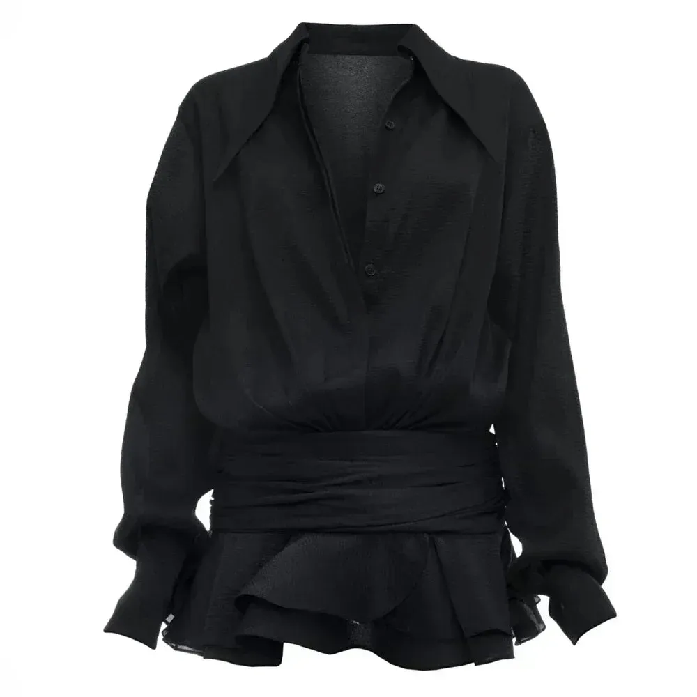 Amozae-hoco dresses -New Chiffon Mini Dress Women's Ruffled Splice Pleated Dress Mesh See-through Loose Oversized Shirt Dress Cover-Up Clothes