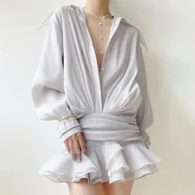 Amozae-hoco dresses -New Chiffon Mini Dress Women's Ruffled Splice Pleated Dress Mesh See-through Loose Oversized Shirt Dress Cover-Up Clothes