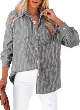 Astylish Women Blouses Oversized Striped Shirt Long Sleeve V Neck Button Down Work Tops