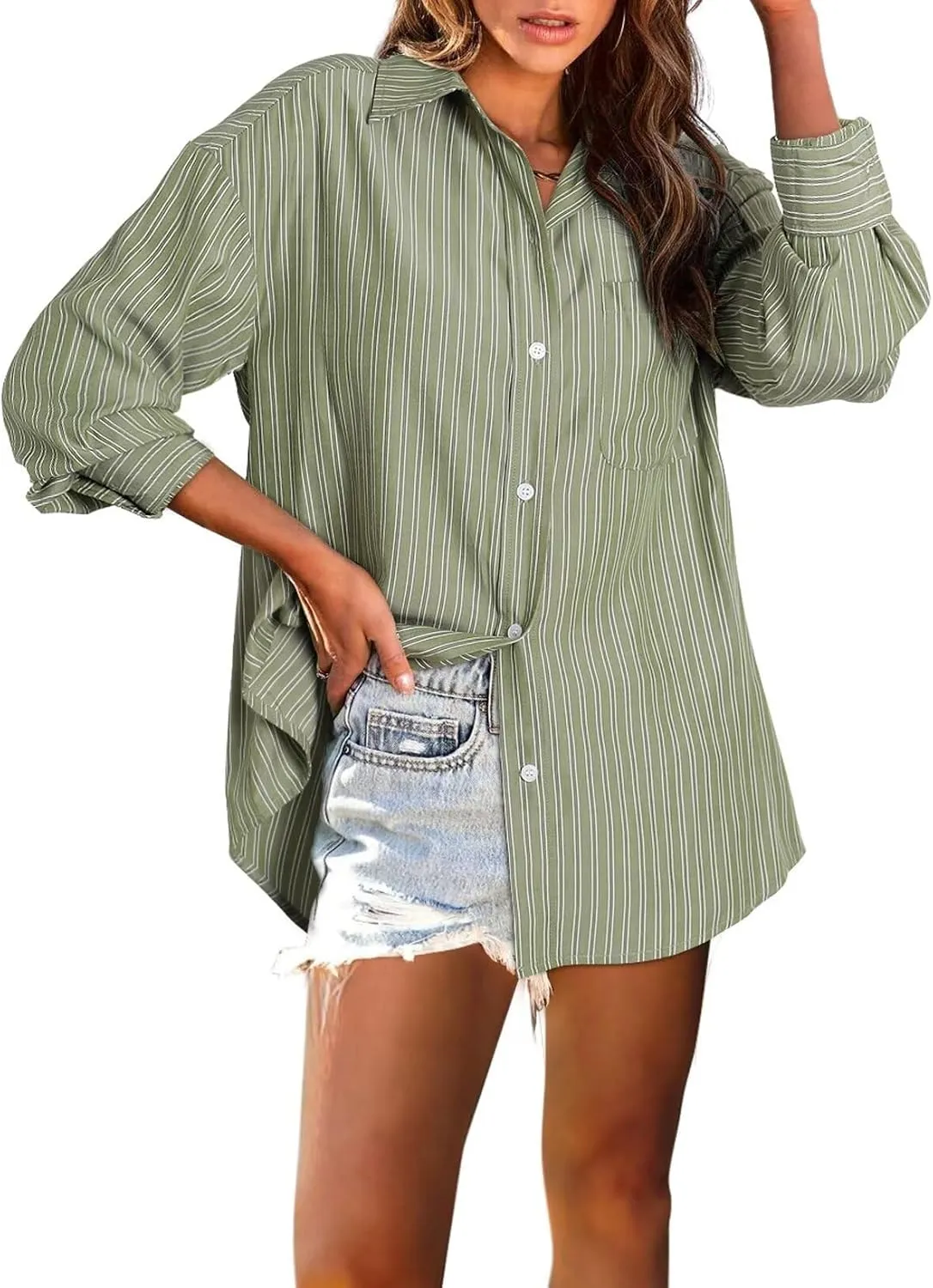Astylish Women Blouses Oversized Striped Shirt Long Sleeve V Neck Button Down Work Tops