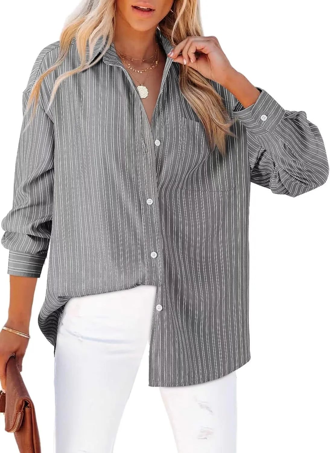 Astylish Women Blouses Oversized Striped Shirt Long Sleeve V Neck Button Down Work Tops