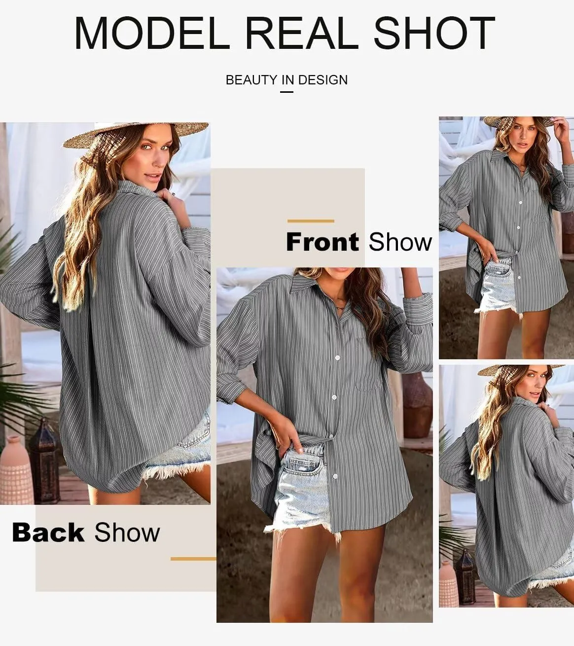 Astylish Women Blouses Oversized Striped Shirt Long Sleeve V Neck Button Down Work Tops