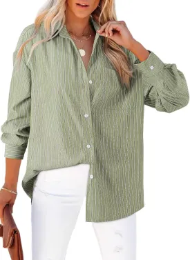 Astylish Women Blouses Oversized Striped Shirt Long Sleeve V Neck Button Down Work Tops