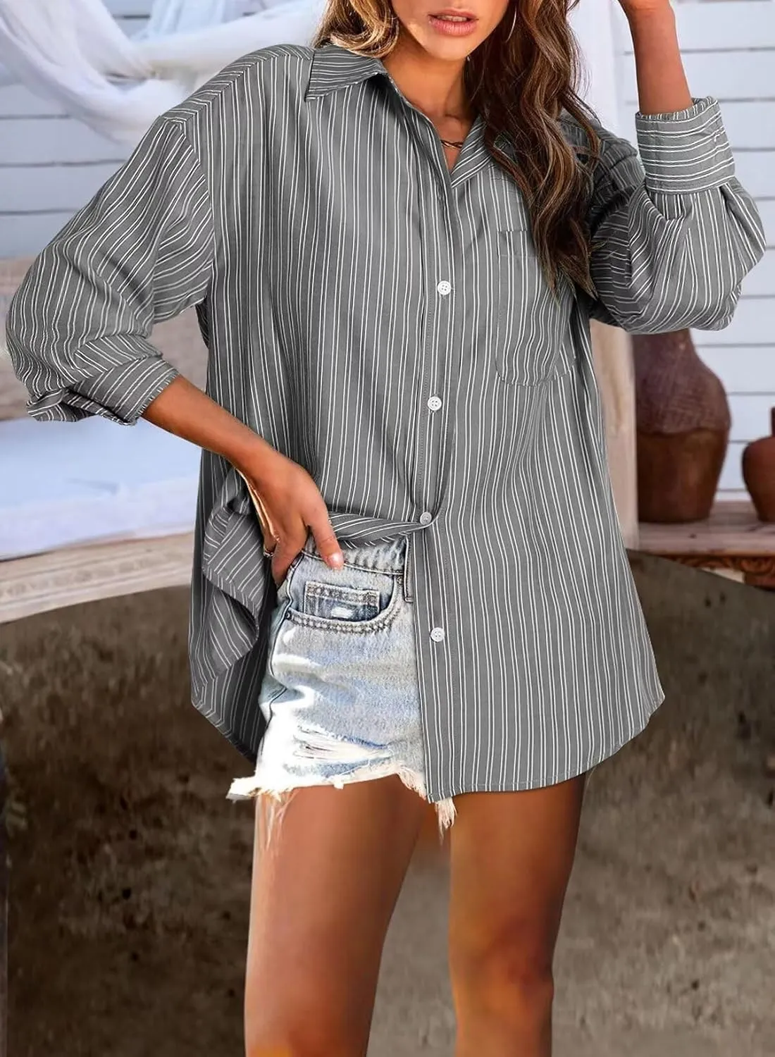 Astylish Women Blouses Oversized Striped Shirt Long Sleeve V Neck Button Down Work Tops