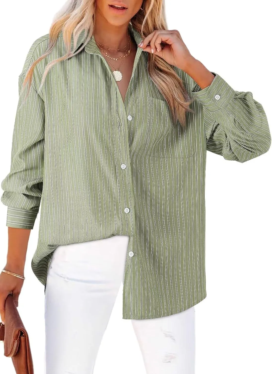 Astylish Women Blouses Oversized Striped Shirt Long Sleeve V Neck Button Down Work Tops