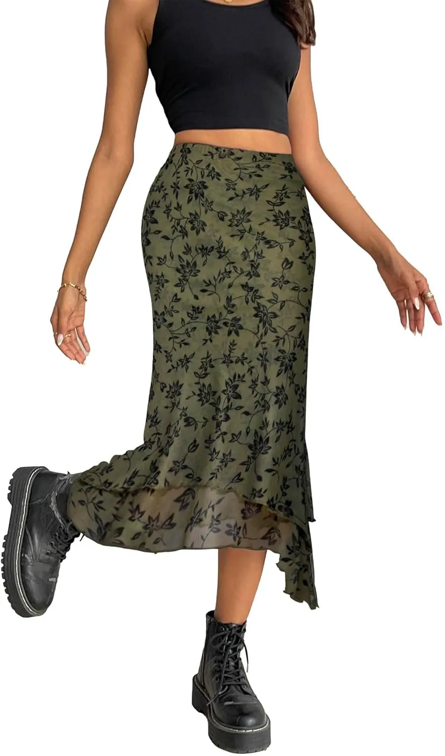 Avanova Women Mesh Asymmetrical Mermaid Midi Skirt High Waist Fishtail Long Skirt