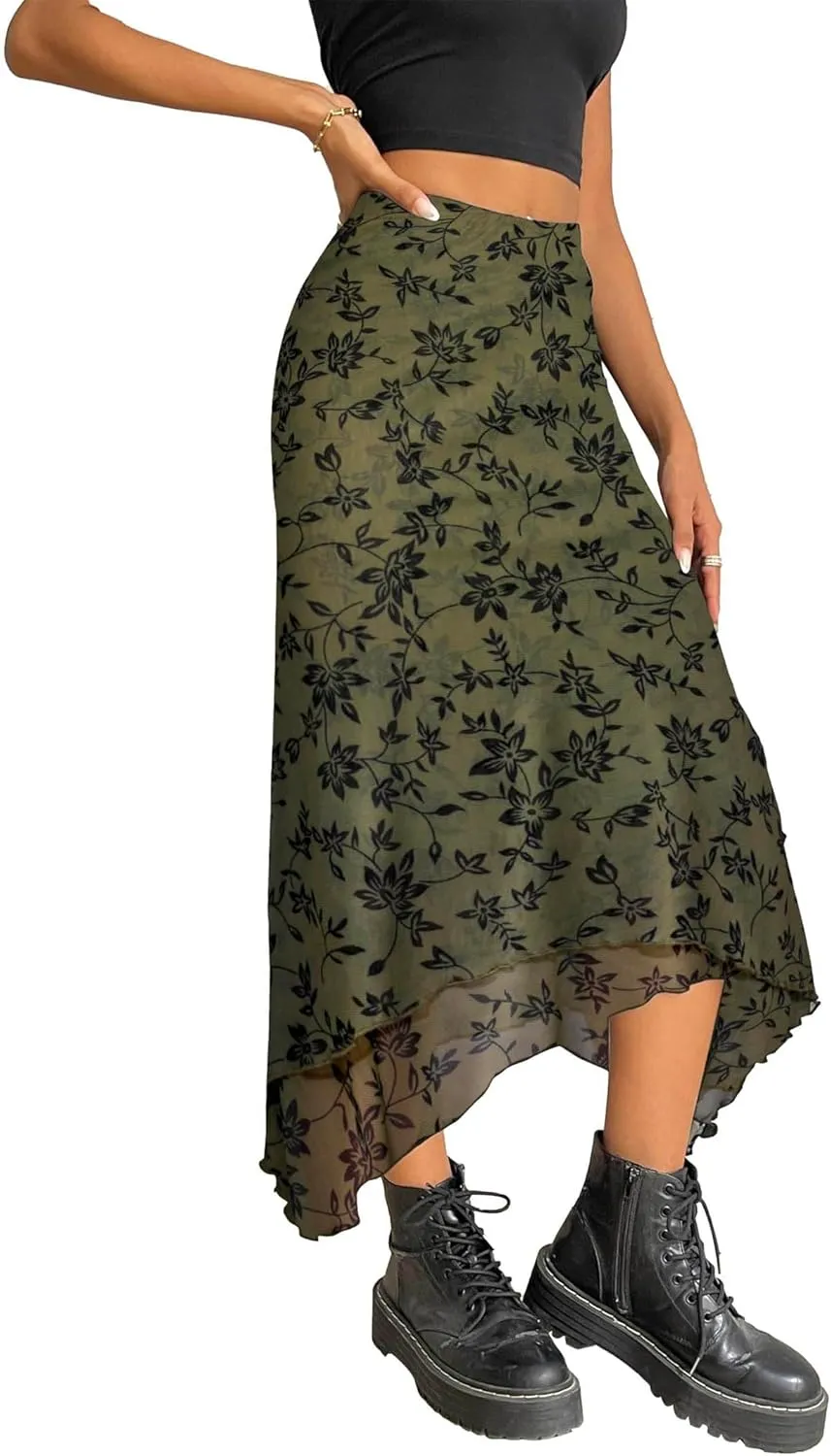 Avanova Women Mesh Asymmetrical Mermaid Midi Skirt High Waist Fishtail Long Skirt
