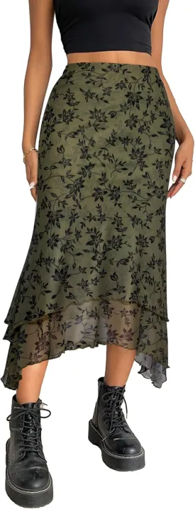 Avanova Women Mesh Asymmetrical Mermaid Midi Skirt High Waist Fishtail Long Skirt