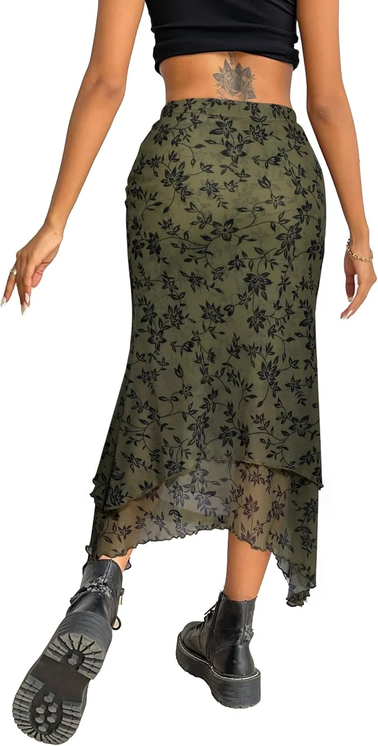Avanova Women Mesh Asymmetrical Mermaid Midi Skirt High Waist Fishtail Long Skirt
