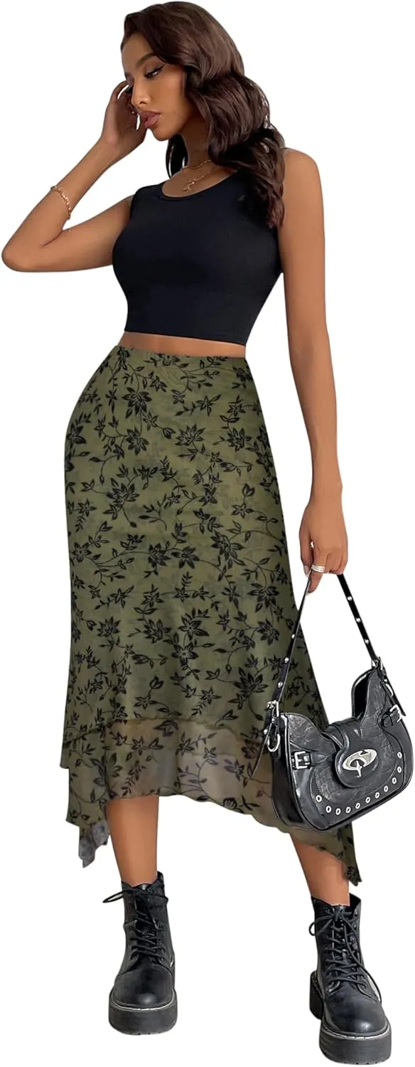Avanova Women Mesh Asymmetrical Mermaid Midi Skirt High Waist Fishtail Long Skirt