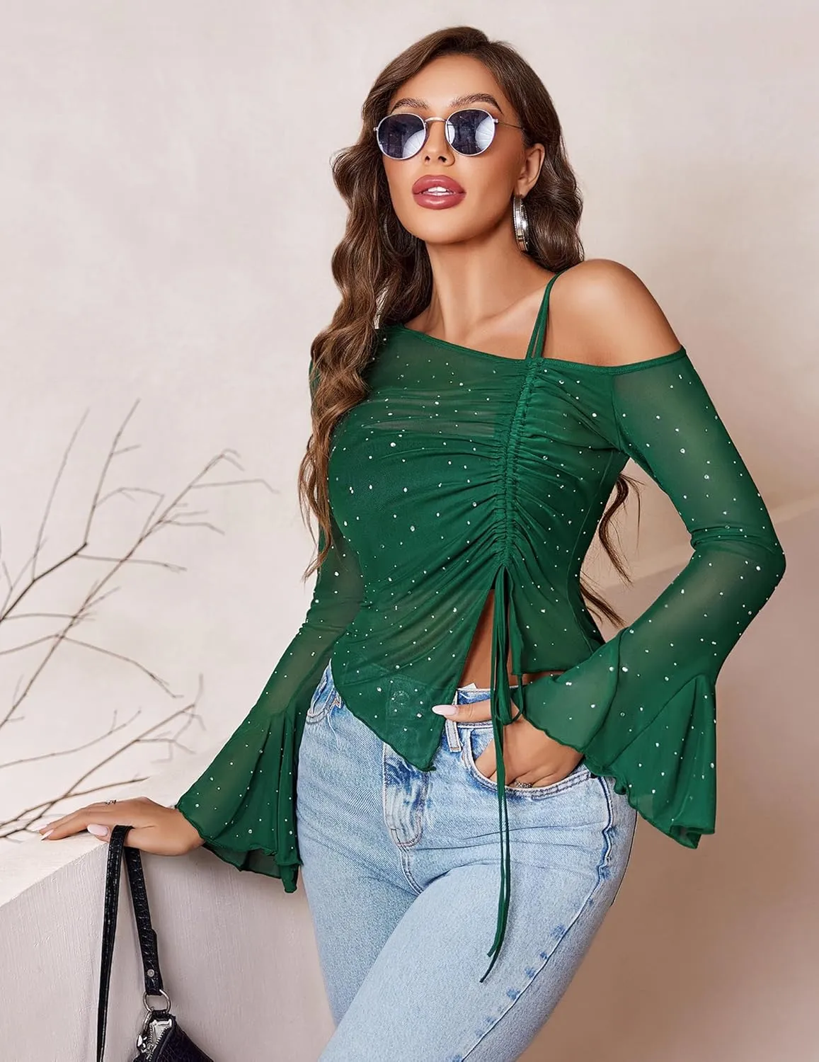 Avidlove Women Mesh Top Long Sleeve Rhinestone Tops Off Shoulder Bell Sleeve Drawstring Blouse Sheer Sparkly Shirt S-XXL