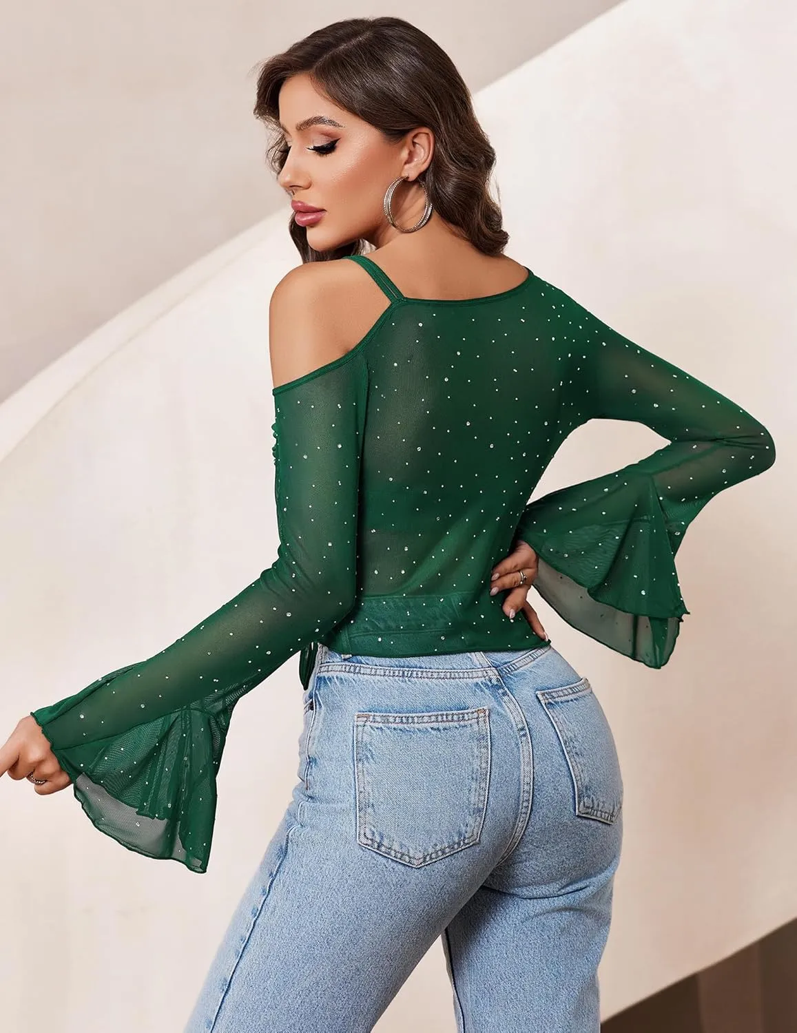 Avidlove Women Mesh Top Long Sleeve Rhinestone Tops Off Shoulder Bell Sleeve Drawstring Blouse Sheer Sparkly Shirt S-XXL