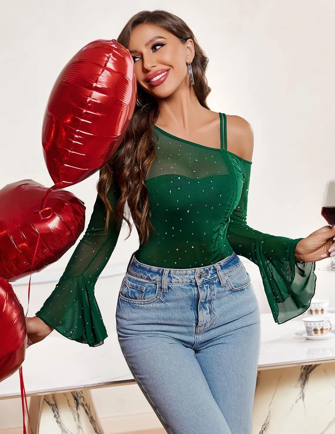 Avidlove Women Mesh Top Long Sleeve Rhinestone Tops Off Shoulder Bell Sleeve Drawstring Blouse Sheer Sparkly Shirt S-XXL