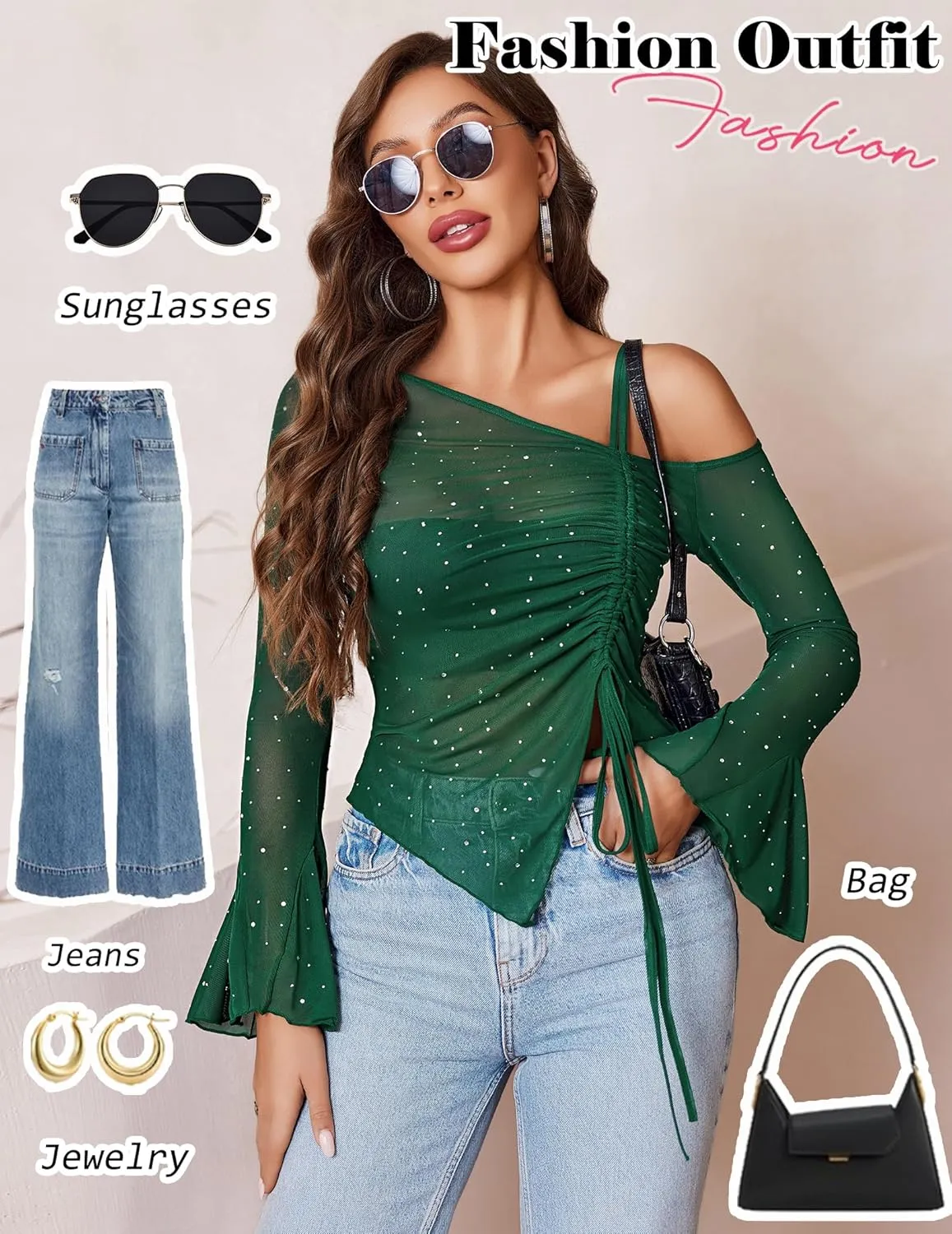 Avidlove Women Mesh Top Long Sleeve Rhinestone Tops Off Shoulder Bell Sleeve Drawstring Blouse Sheer Sparkly Shirt S-XXL
