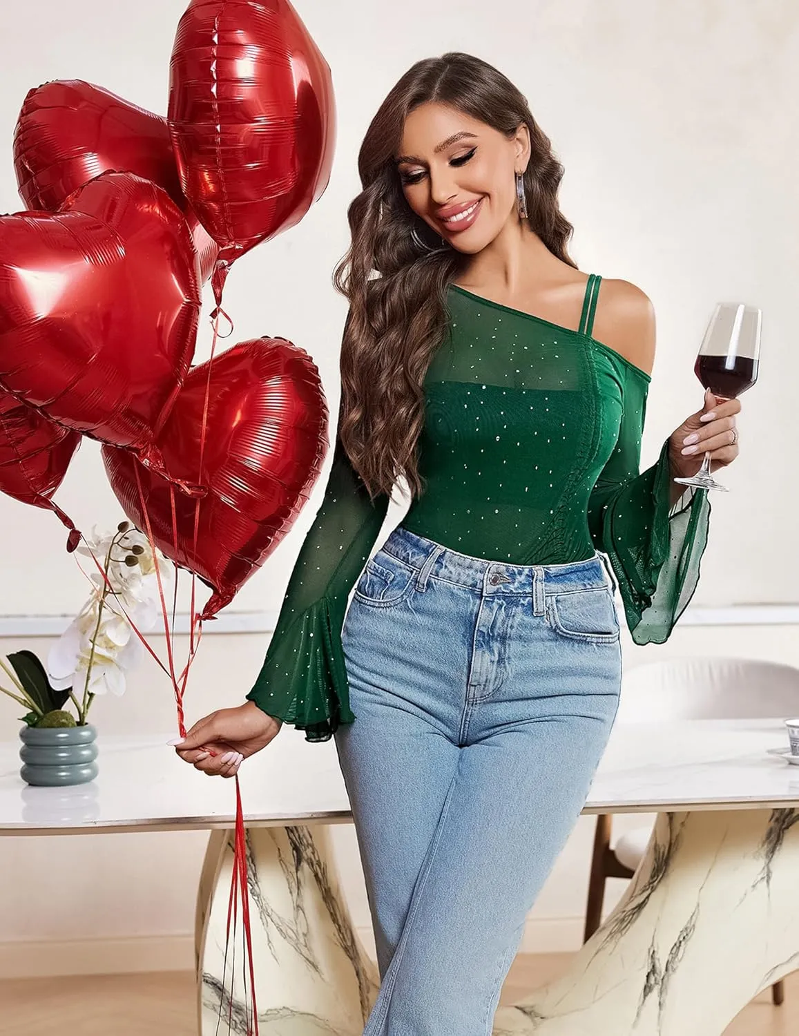 Avidlove Women Mesh Top Long Sleeve Rhinestone Tops Off Shoulder Bell Sleeve Drawstring Blouse Sheer Sparkly Shirt S-XXL