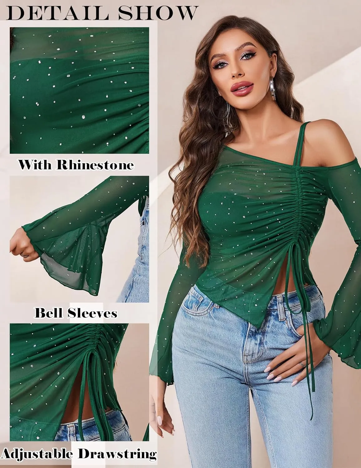 Avidlove Women Mesh Top Long Sleeve Rhinestone Tops Off Shoulder Bell Sleeve Drawstring Blouse Sheer Sparkly Shirt S-XXL