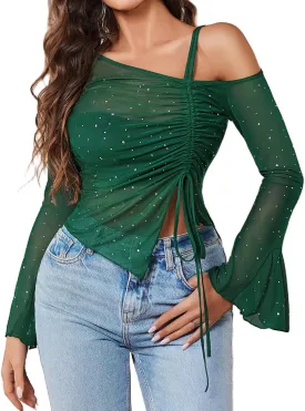 Avidlove Women Mesh Top Long Sleeve Rhinestone Tops Off Shoulder Bell Sleeve Drawstring Blouse Sheer Sparkly Shirt S-XXL