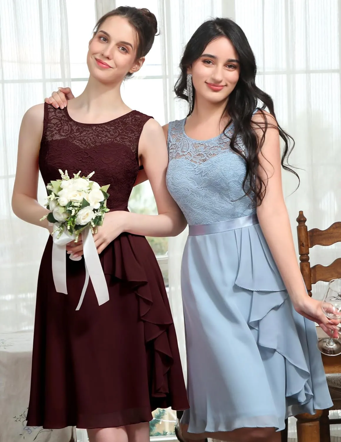BeryLove Women's Cocktail Dresses Prom Wedding Guest Short Bridesmaid Dresses Ruffle Hem Sleeveless Lace Formal Dress