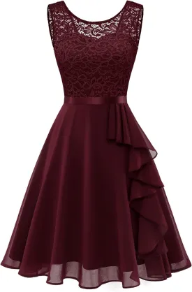 BeryLove Women's Cocktail Dresses Prom Wedding Guest Short Bridesmaid Dresses Ruffle Hem Sleeveless Lace Formal Dress