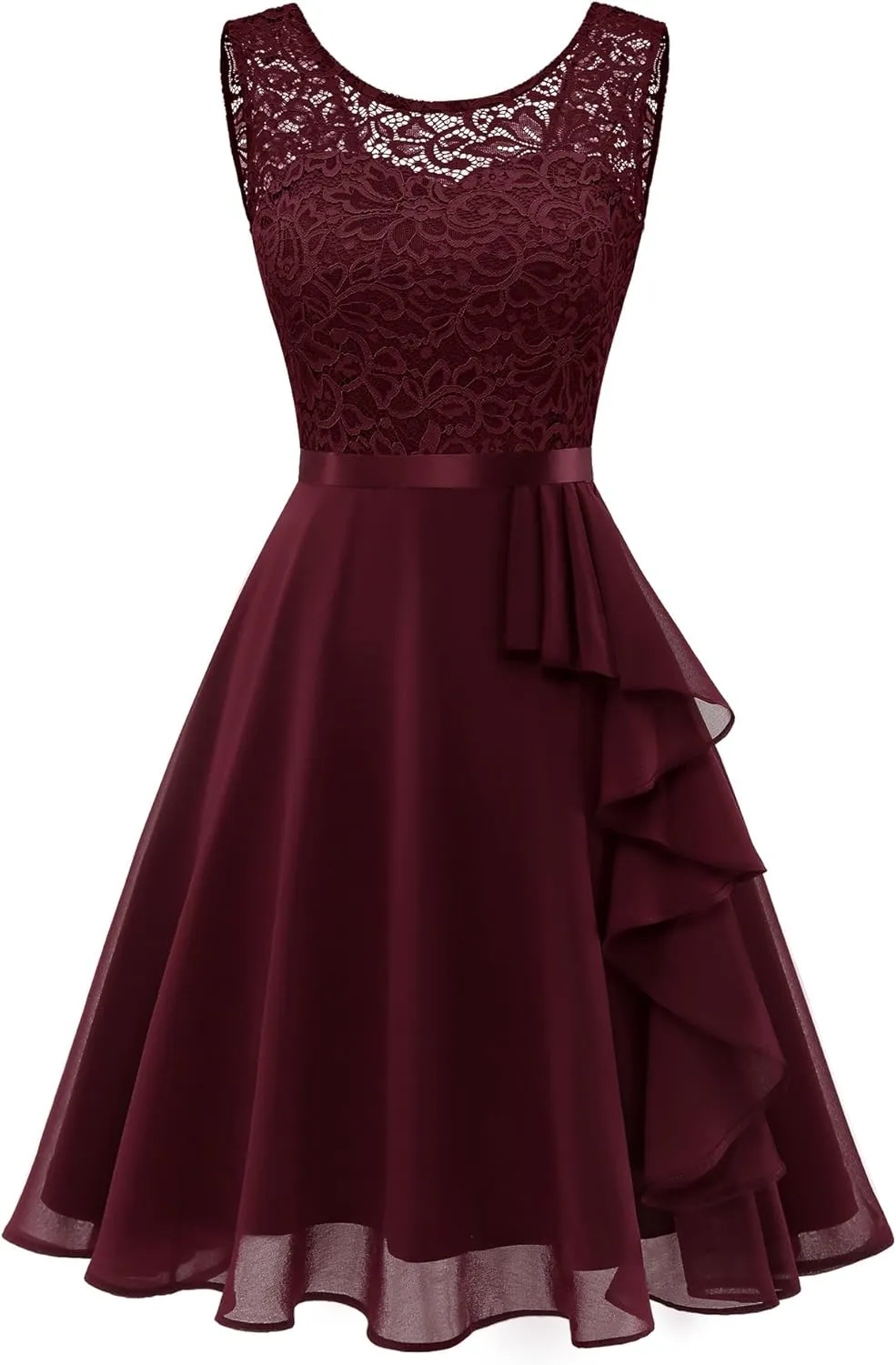 BeryLove Women's Cocktail Dresses Prom Wedding Guest Short Bridesmaid Dresses Ruffle Hem Sleeveless Lace Formal Dress