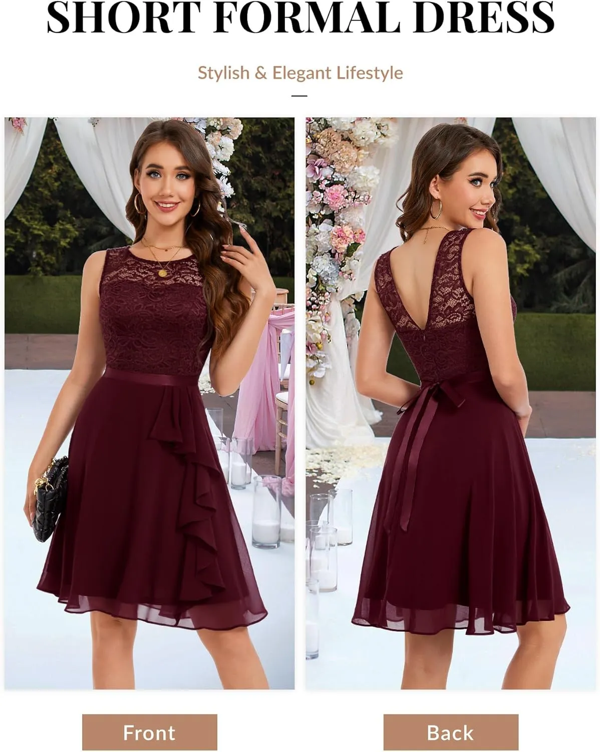 BeryLove Women's Cocktail Dresses Prom Wedding Guest Short Bridesmaid Dresses Ruffle Hem Sleeveless Lace Formal Dress