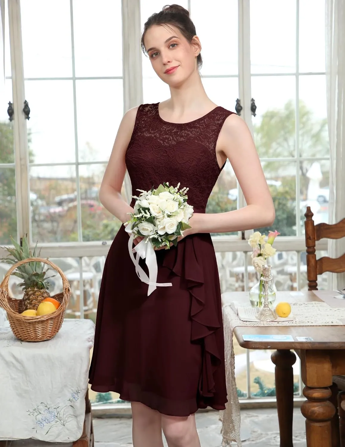 BeryLove Women's Cocktail Dresses Prom Wedding Guest Short Bridesmaid Dresses Ruffle Hem Sleeveless Lace Formal Dress