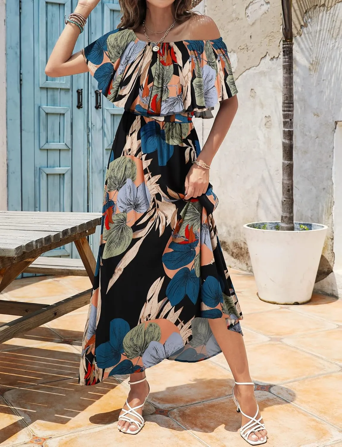 Bluetime Womens Maxi Dress Off Shoulder Floral Print Boho Beach Long Summer Dresses