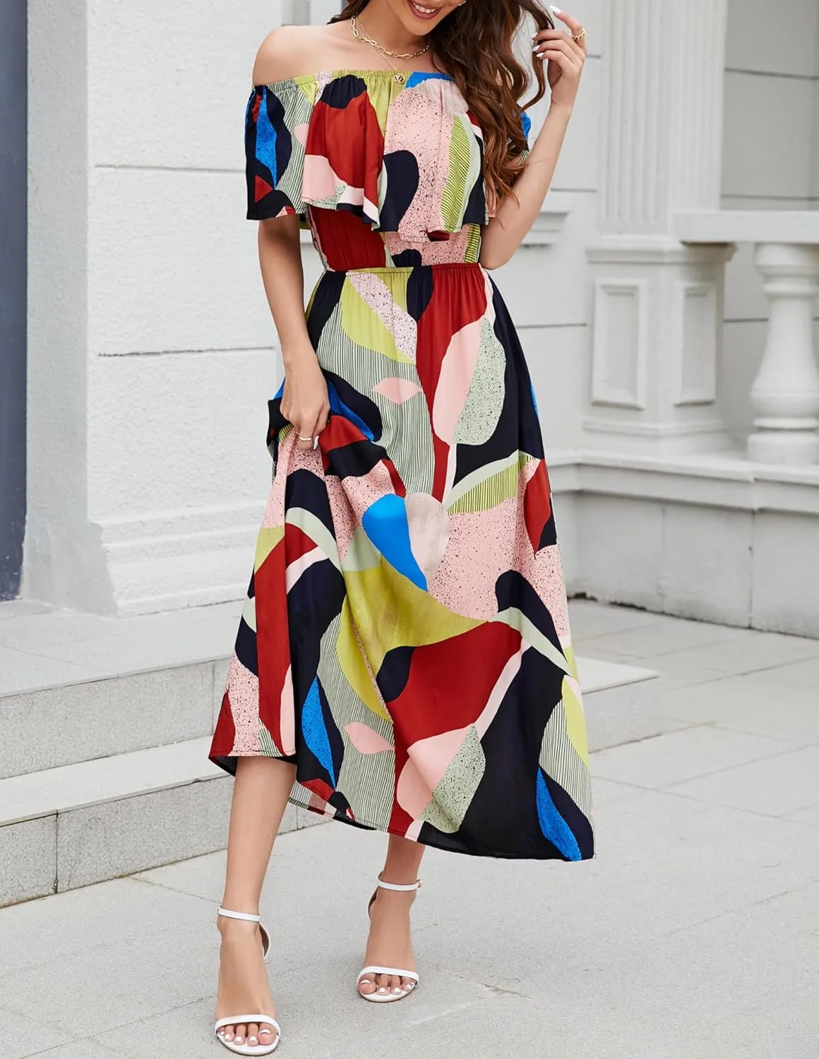 Bluetime Womens Maxi Dress Off Shoulder Floral Print Boho Beach Long Summer Dresses