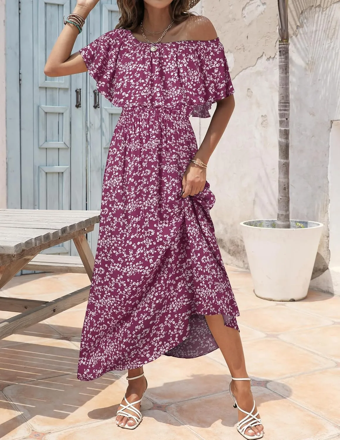 Bluetime Womens Maxi Dress Off Shoulder Floral Print Boho Beach Long Summer Dresses