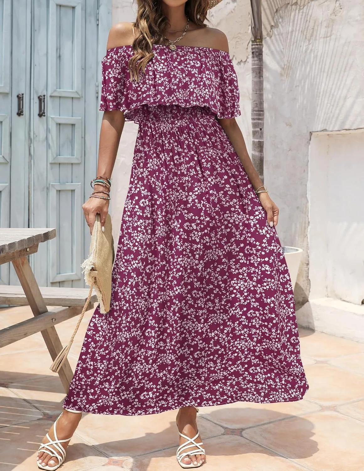 Bluetime Womens Maxi Dress Off Shoulder Floral Print Boho Beach Long Summer Dresses