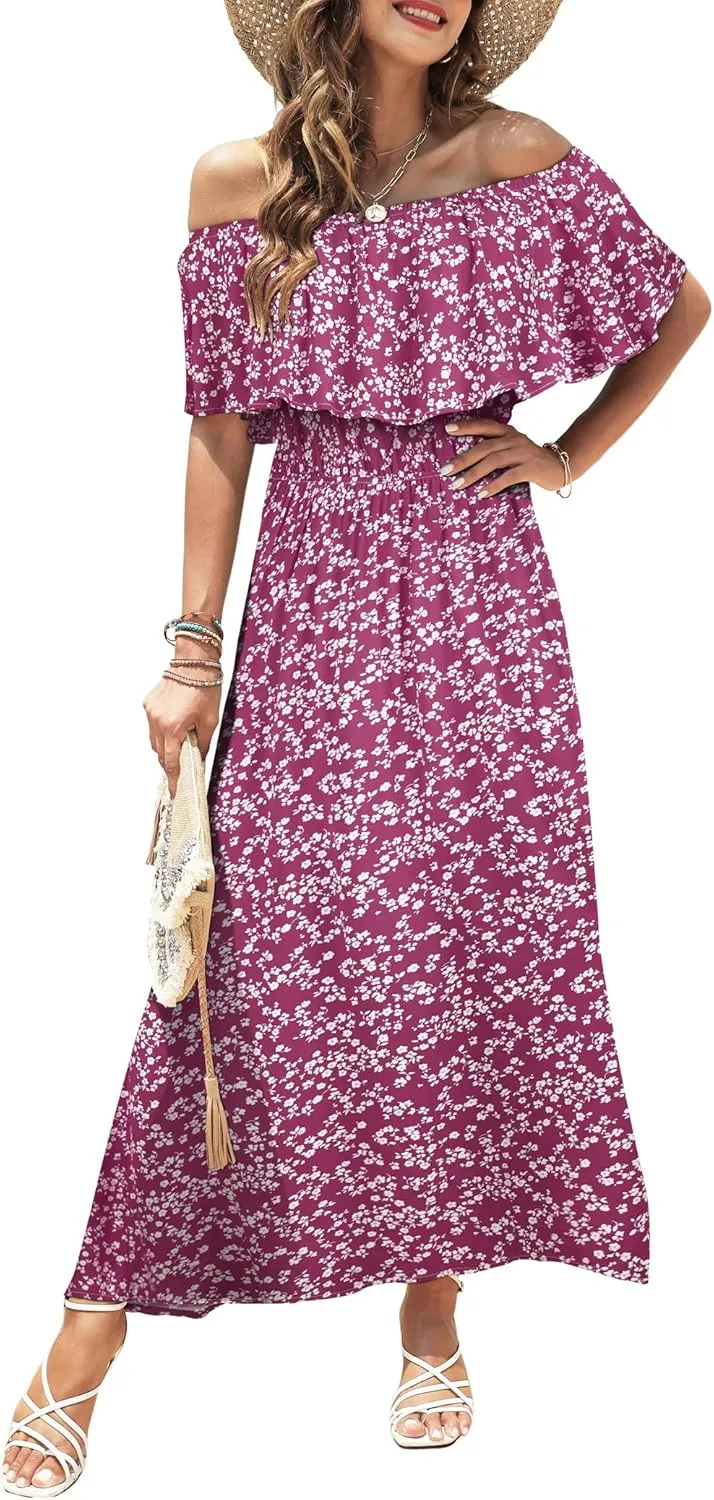 Bluetime Womens Maxi Dress Off Shoulder Floral Print Boho Beach Long Summer Dresses