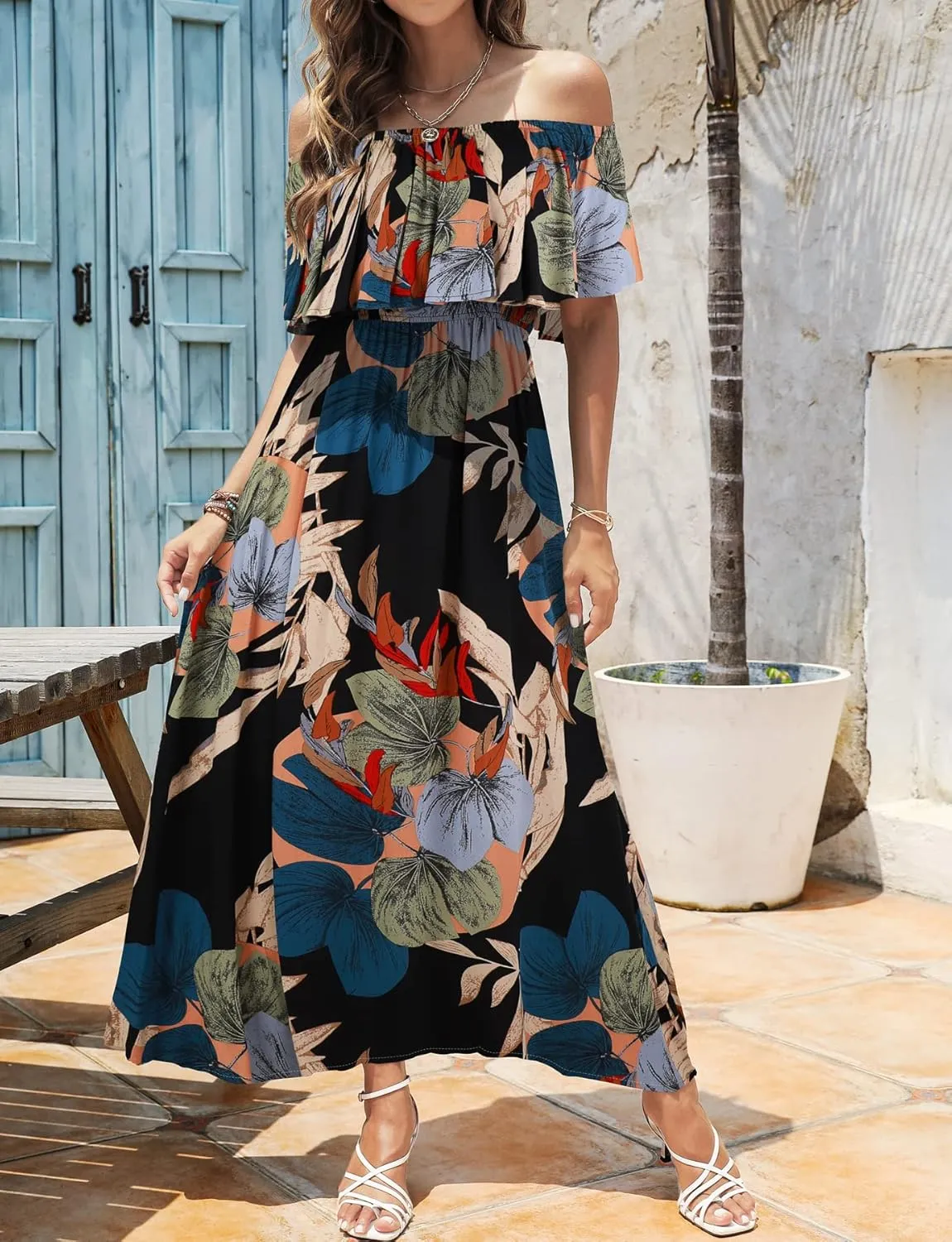 Bluetime Womens Maxi Dress Off Shoulder Floral Print Boho Beach Long Summer Dresses