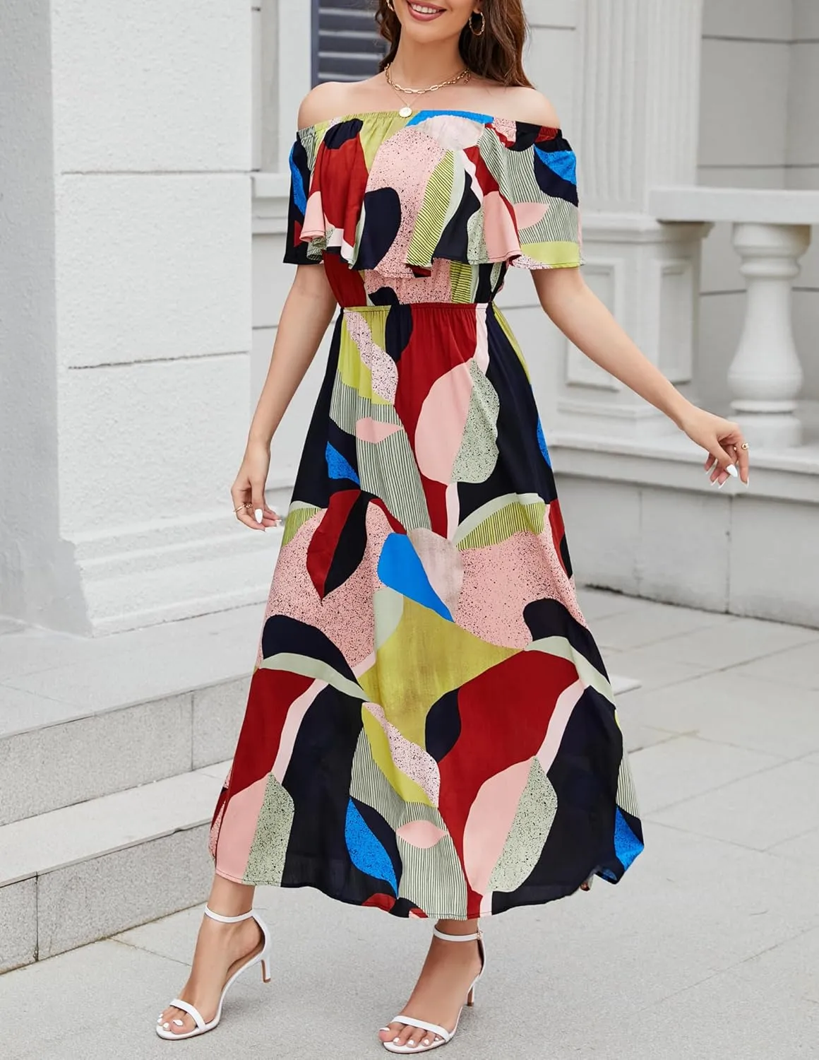 Bluetime Womens Maxi Dress Off Shoulder Floral Print Boho Beach Long Summer Dresses