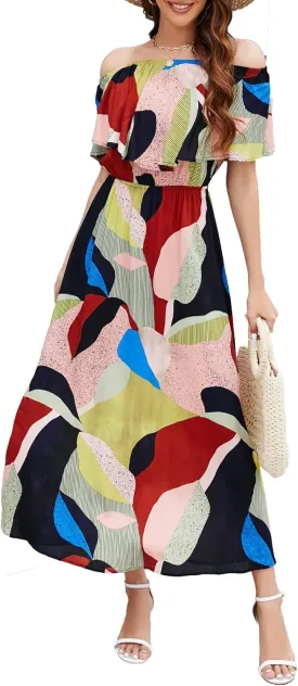 Bluetime Womens Maxi Dress Off Shoulder Floral Print Boho Beach Long Summer Dresses