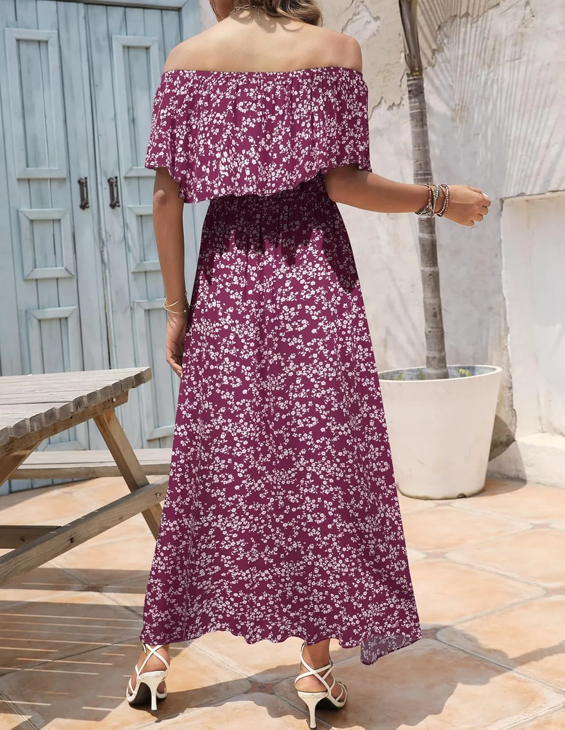 Bluetime Womens Maxi Dress Off Shoulder Floral Print Boho Beach Long Summer Dresses
