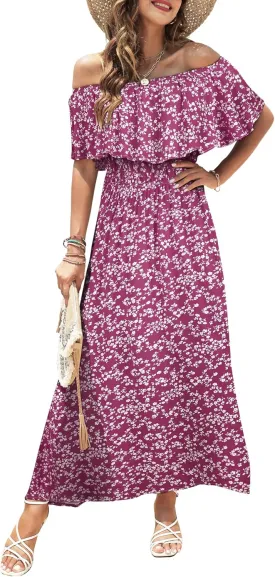 Bluetime Womens Maxi Dress Off Shoulder Floral Print Boho Beach Long Summer Dresses