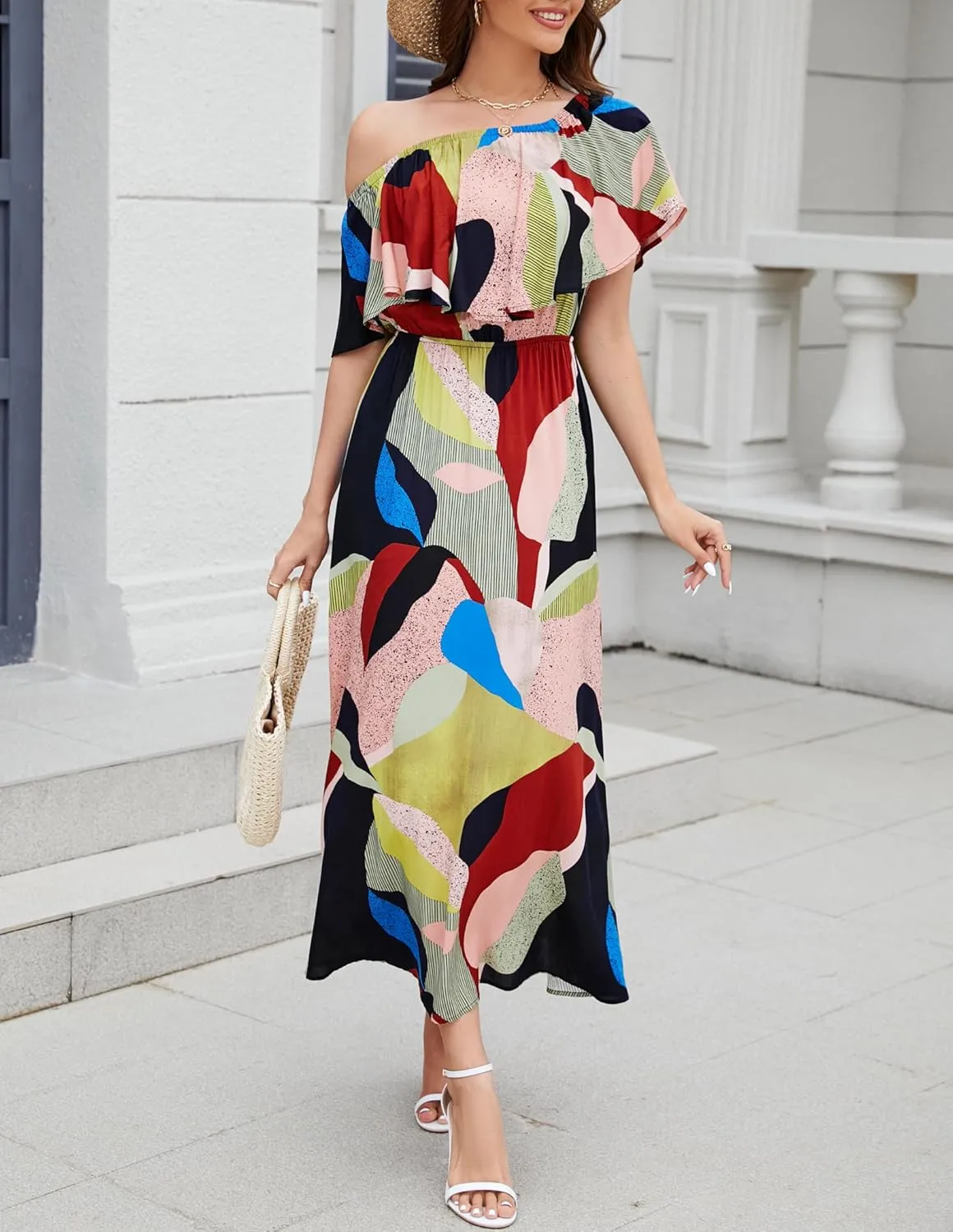 Bluetime Womens Maxi Dress Off Shoulder Floral Print Boho Beach Long Summer Dresses