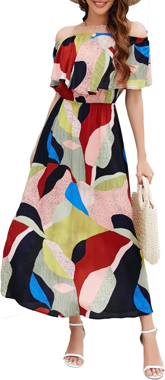 Bluetime Womens Maxi Dress Off Shoulder Floral Print Boho Beach Long Summer Dresses
