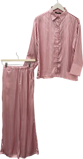 boohoo Oversized Pink Stripe Long Sleeve Shirt & Trousers Pyjama Set UK 8