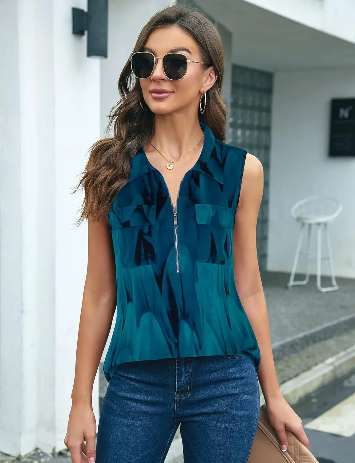 Bulotus Women's Sleeveless Blouses Collared Zip Front V Neck Business Casual Tunic Tank Tops