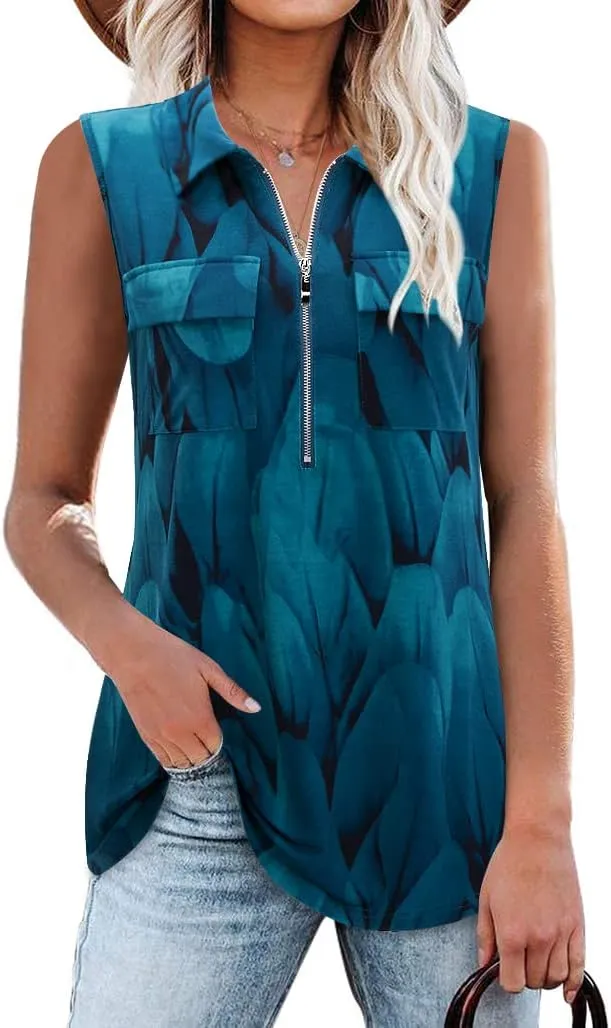 Bulotus Women's Sleeveless Blouses Collared Zip Front V Neck Business Casual Tunic Tank Tops