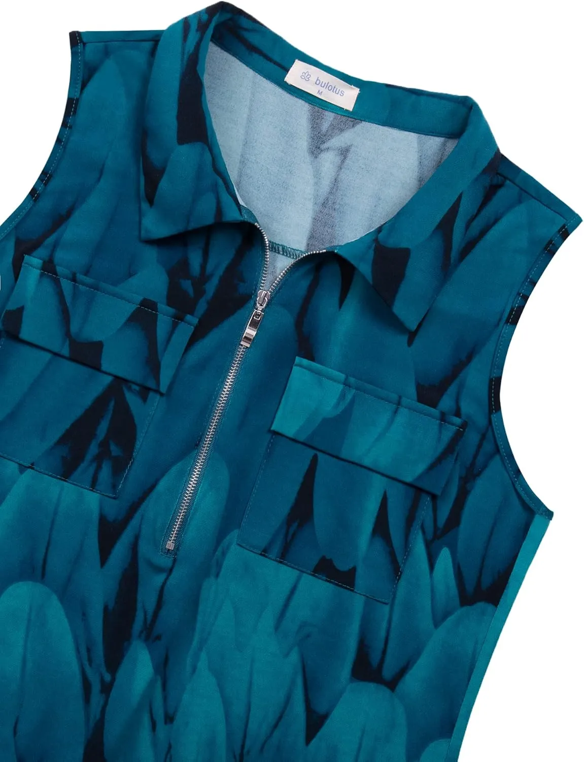 Bulotus Women's Sleeveless Blouses Collared Zip Front V Neck Business Casual Tunic Tank Tops