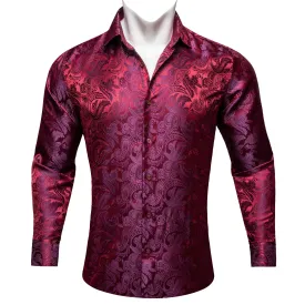 Burgundy Red Purple Paisley Flower Pattern Silk Men's Long Sleeve Shirt