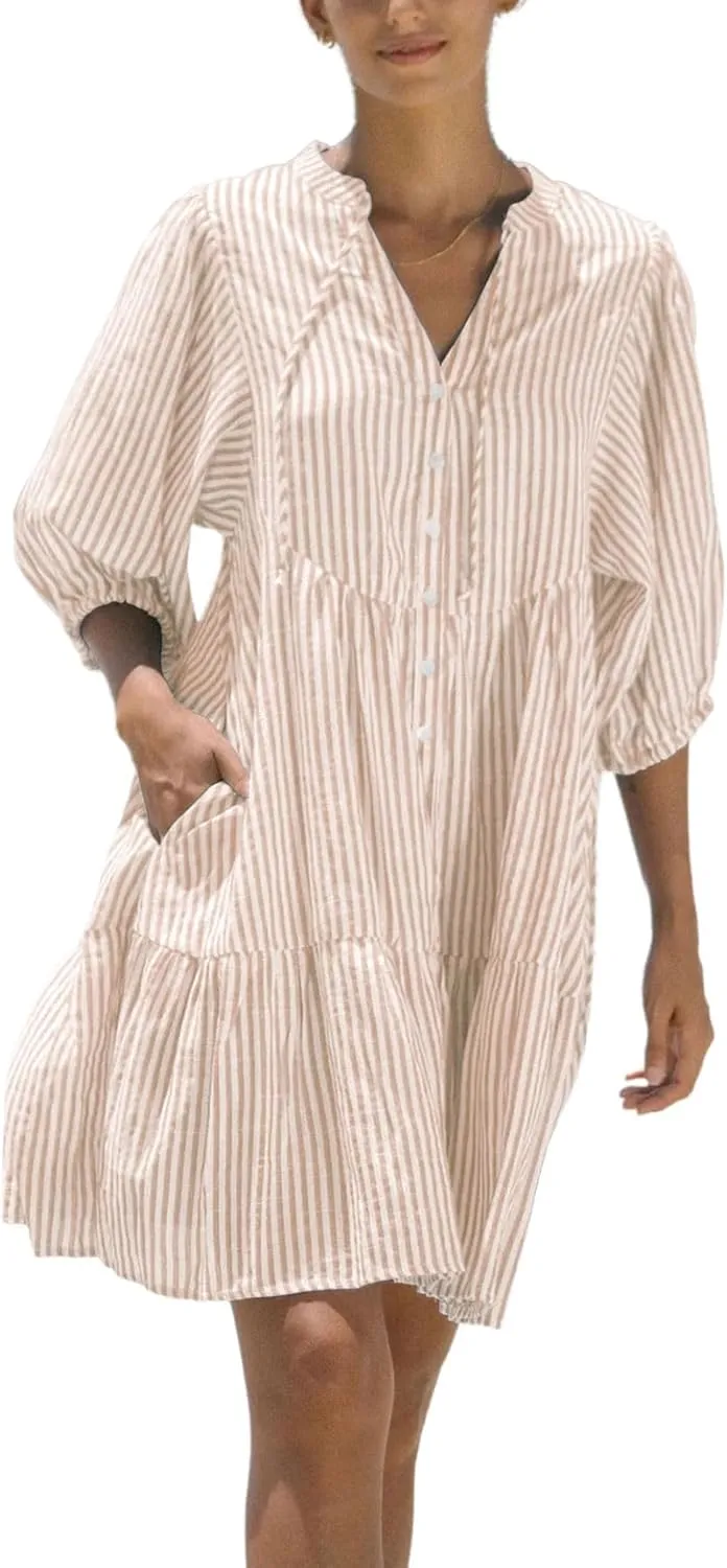 chouyatou Women's Summer V-Neck Casual Striped Midi Shirt Dress Tiered Boho Beach Tunic Babydoll Dress