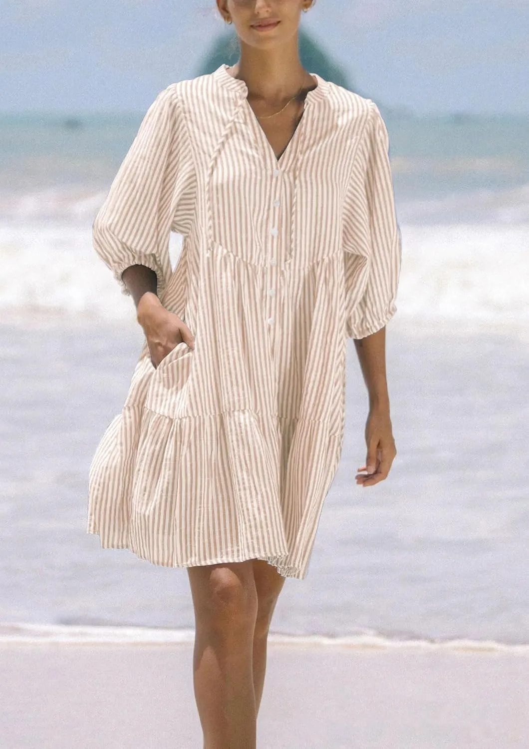 chouyatou Women's Summer V-Neck Casual Striped Midi Shirt Dress Tiered Boho Beach Tunic Babydoll Dress